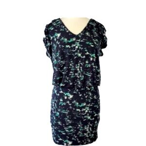 BCBGeneration black with teal and white pattern multicolor keyhole v neck midi